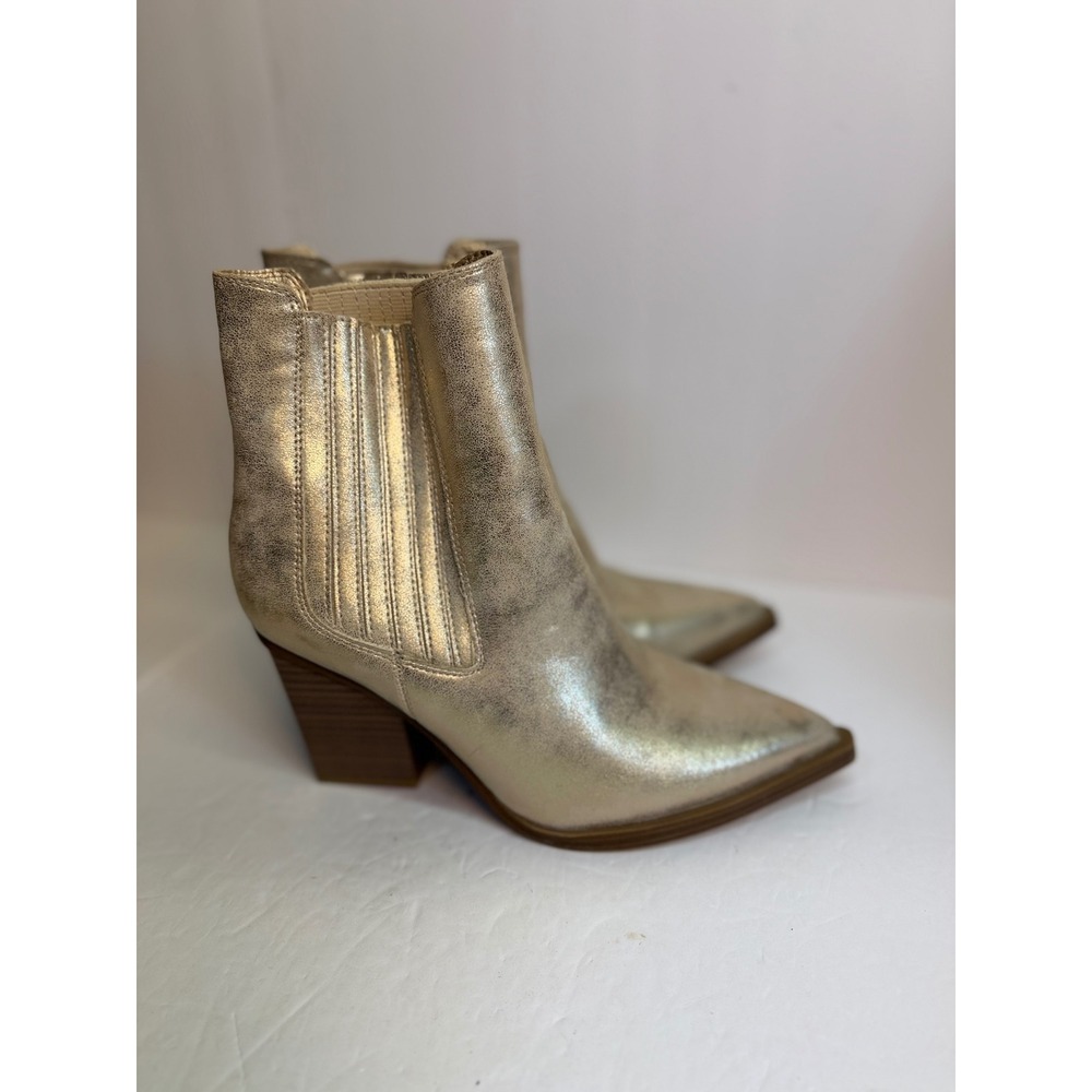 MIA Metallic Gold‎ Pointed Toe Western Block Heel Ankle Boots Womens 8